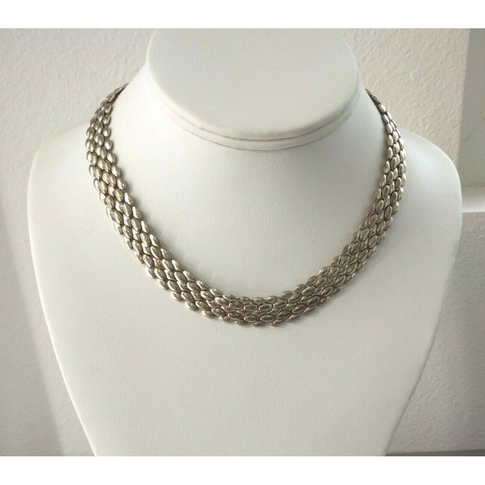 Interlocking Necklace Bib Silver Four Rows Vintag… - image 1